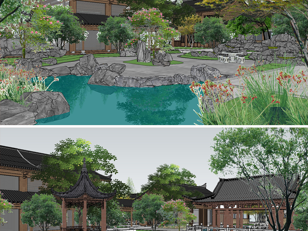 中式濕地別墅度假酒店園林景觀SU模型在建筑工程設計中的應用